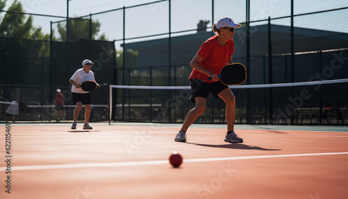 Dynamic pickleball game with senior male and female players competing in mixed doubles. Generative AI photo