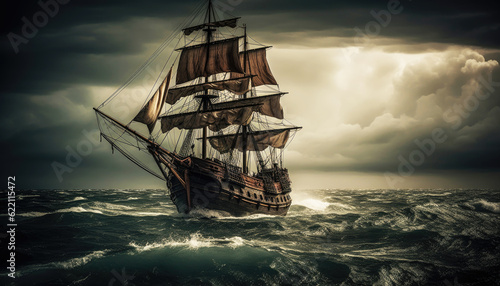 A mysterious abandoned sailboat sails through stormy seas under a dark sky with lightning. Generative AI © Virtual Art Studio