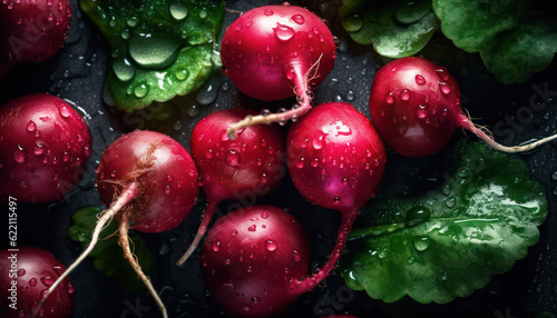 Fresh and healthy red radish for wellbeing with wet water dew and droplet. Generative AI