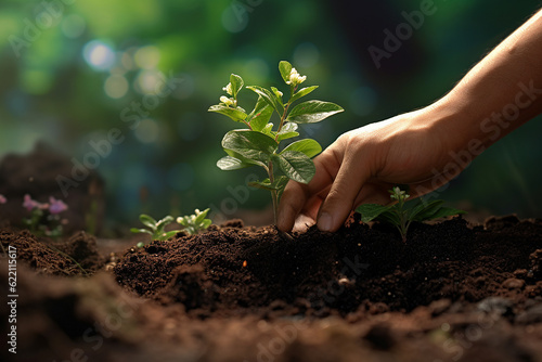 Planting forests is the most important contribution to the restoration and stabilization of the climate. Man's hand while planting a plant.