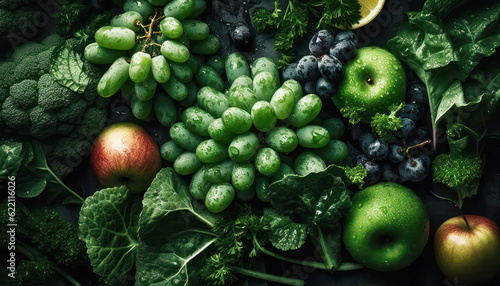 Abundance of fresh and healthy mixing fruit and vegetables for wellbeing: A large group of mixed green produce. Generative AI