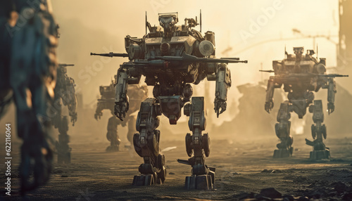 Generative AI Wars Future Battlefield Unleashes Robotic Squads into the Epic Conflict of Human vs. Machine Sci-Fi Battlezone Futuristic Soldiers and Advanced Weapons Ignite a Dystopian War