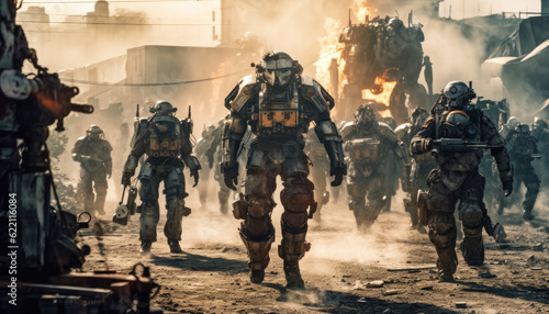 Generative AI Wars Future Battlefield Unleashes Robotic Squads into the Epic Conflict of Human vs. Machine Sci-Fi Battlezone Futuristic Soldiers and Advanced Weapons Ignite a Dystopian War