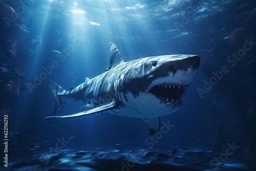 Big white shark in the ocean during hunting.