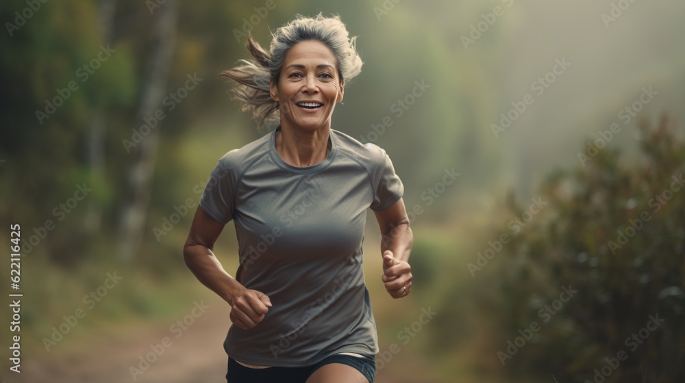 generativeAi. woman. she's running outside on sunny day. solf light and bokeh style. she's 55 year old, beautiful eyes and healthy. she's smiling in Sport wear, smart watch and sunglasses. generativeAi. woman. she's running outside on sunny day. solf light and bokeh style. she's 55 year old, beautiful eyes and healthy. she's smiling in Sport wear, smart watch and sunglasses.