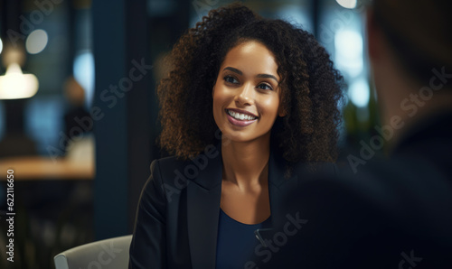 female african business woman smiling and working with client. Business meeting concept