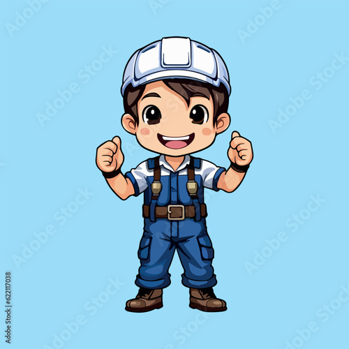 Handyman cartoon chibi kawai style character vector mascot design, labor day © thoif