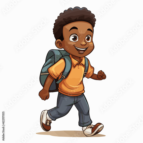 simple cartoon clipart black african american boy student child going to school white background