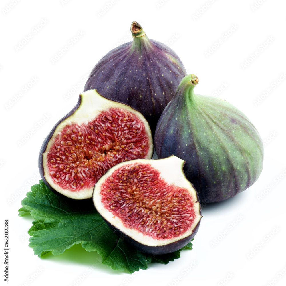 Arrangement of Fresh Ripe Figs Full Body and Halves with Leaf isolated on White background Arrangement of Fresh Ripe Figs Full Body and Halves with Leaf isolated on White background