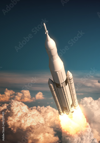 Fototapeta Naklejka Na Ścianę i Meble -  Space Launch System Takes Off Over The Clouds. 3D Illustration.
