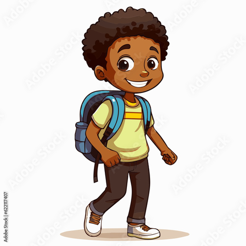 simple cartoon clipart black african american boy student child going to school white background