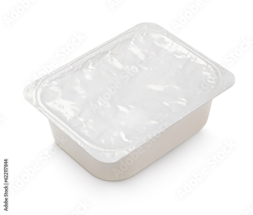 Blank of rectangular aluminum foil cover food tray isolated on white background with clipping path