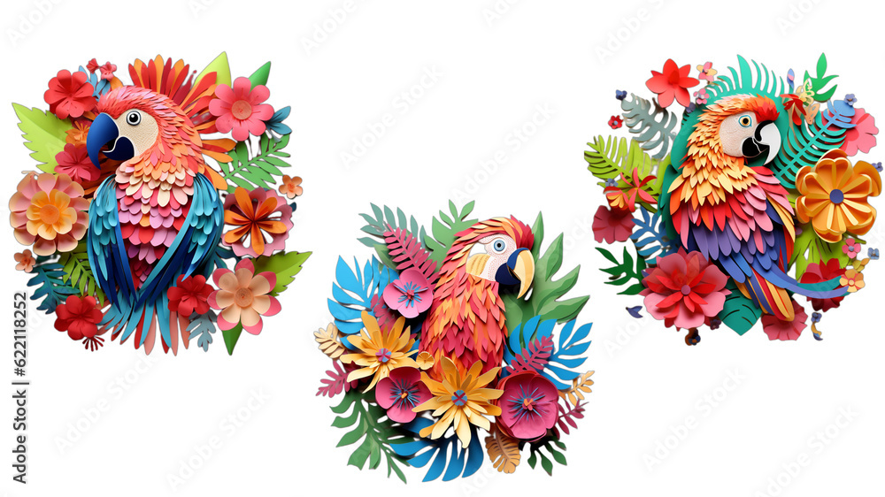 A colorful parrot isolated on white. paper cut style. transparent png. 