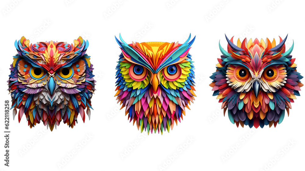A multicolor cute owl faces isolated on white paper cut style gift card, birthday card, and colorful stickers concept. transparent png