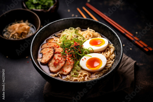 food chopstick bowl meal vegetable noodle japanese ramen asian soup. Generative AI.
