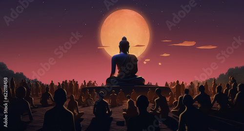 buddha talks to the crowd by moon, generative AI