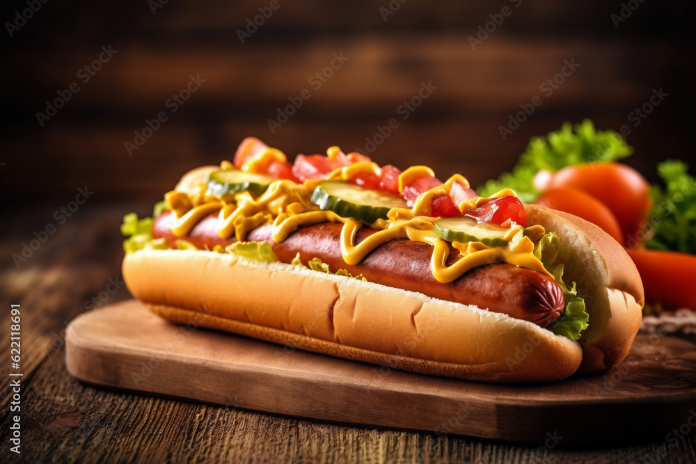 sauce dog meat background bread sausage fast hot american snack food. Generative AI. sauce dog meat background bread sausage fast hot american snack food. Generative AI.