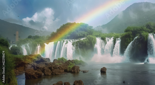  waterfalls and mountains  featuring a rainbow  generative AI