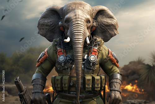 Generative AI.
elephant soldiers wear armed vests photo