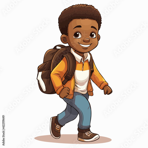 simple cartoon clipart black african american boy student child going to school white background