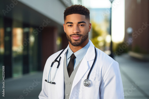 Portrait of happy african doctor at private clinic