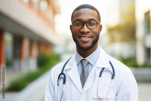 Portrait of happy african doctor at private clinic