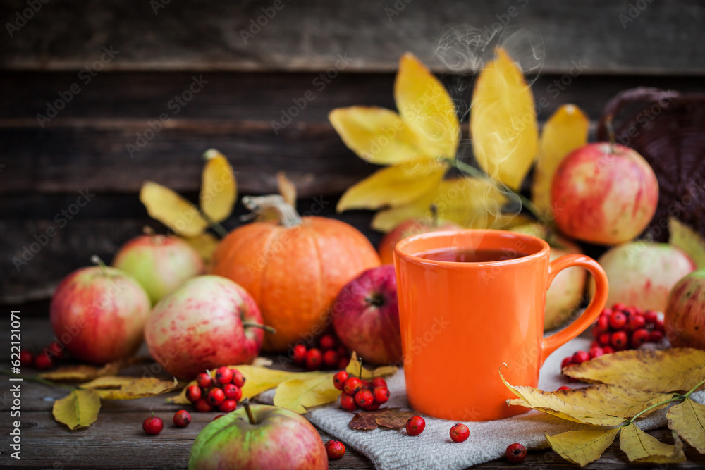 Orange mug on autumn background -fall leaves, apples, pumpkin and rowan-berry Orange mug on autumn background -fall leaves, apples, pumpkin and rowan-berry