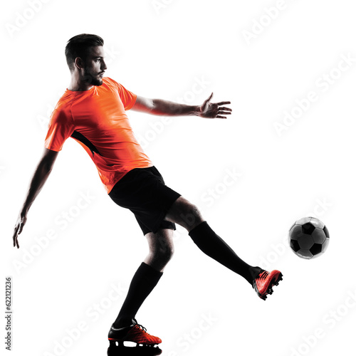 one caucasian Soccer player Man in silhouette isolated on white backgound © Designpics