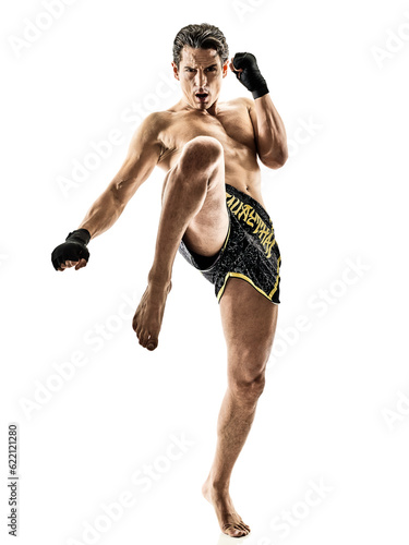 one caucasian Muay Thai kickboxing kickboxer thai boxing man isolated on white background