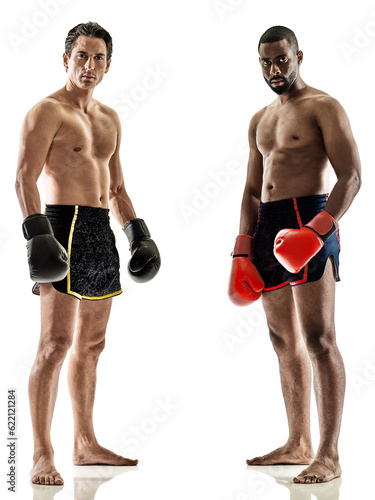 one caucasian Muay Thai kickboxing kickboxer thai boxing men isolated on white background