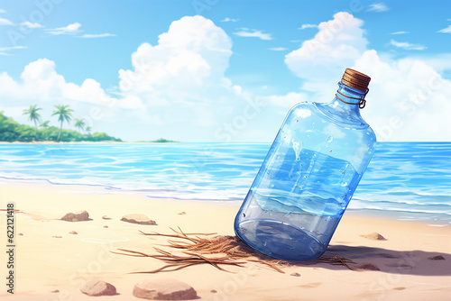 Generative AI. anime style background a bottle on the beach