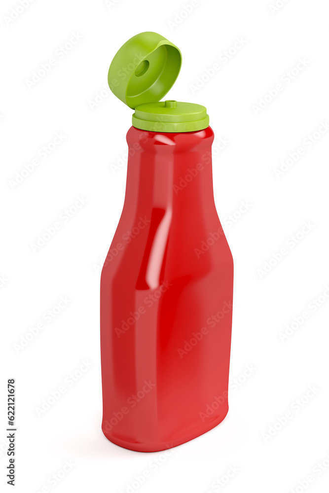 Open ketchup bottle on white background