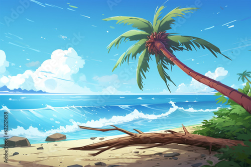 Generative AI. Coconut trees on the beach anime style background
