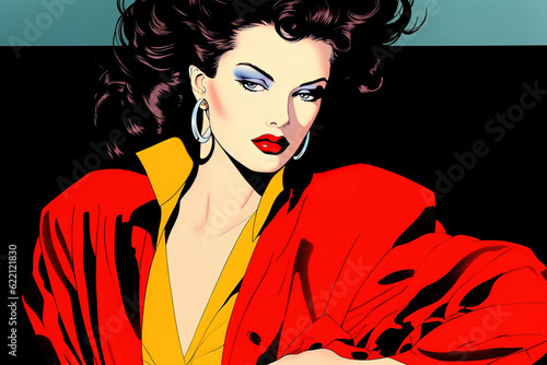 Portrait of a model, 80's style, retro look. Ai generative. Illustration