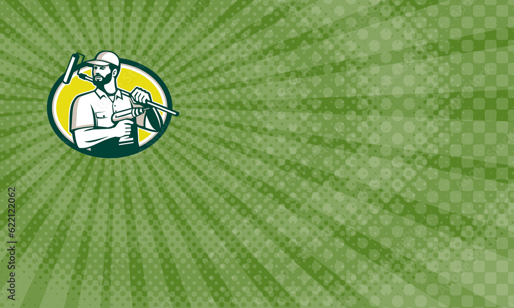 Business card showing Illustration of a handyman with beard moustache facial hair holding paint roller on shoulder and cordless drill looking to the side set inside oval shape on isolated background d Business card showing Illustration of a handyman with beard moustache facial hair holding paint roller on shoulder and cordless drill looking to the side set inside oval shape on isolated background d