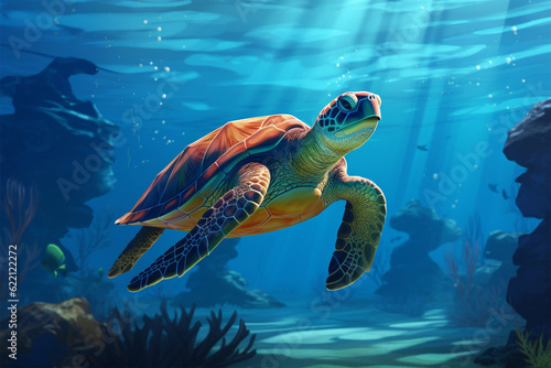 Generative AI. turtle in water anime style background