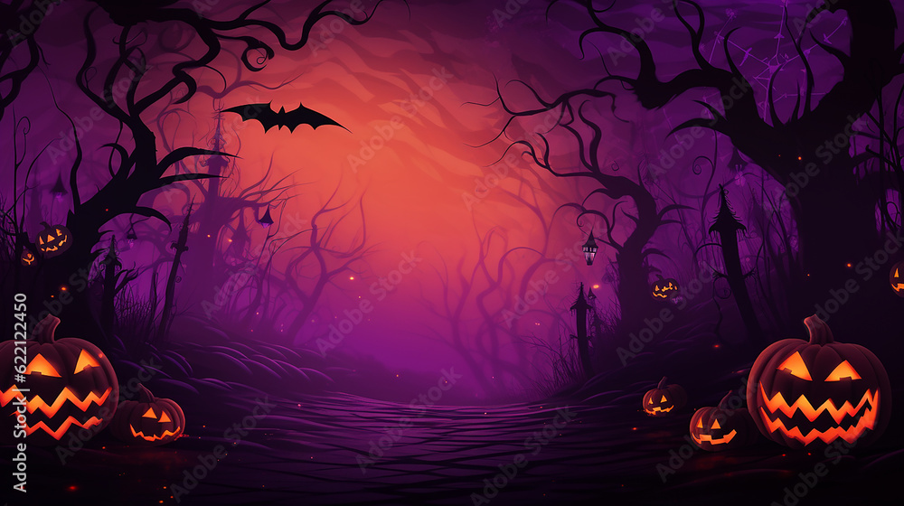 Halloween background with pumpkins and bats, jack-o-lanterns