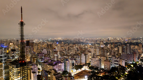 Aerial view of Av. Paulista in Sao Paulo  SP. Main avenue of the capital. Photo at night  with car lights.