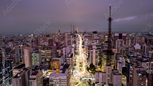 Aerial view of Av. Paulista in Sao Paulo, SP. Main avenue of the capital. Photo at night, with car lights.