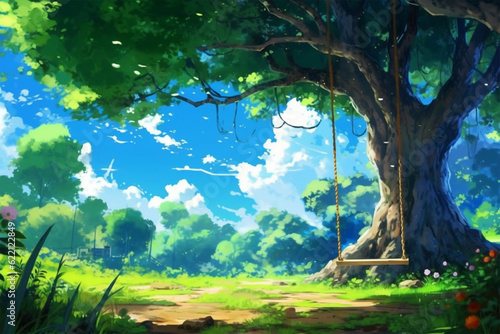 Generative AI. anime style background a swing on a tree