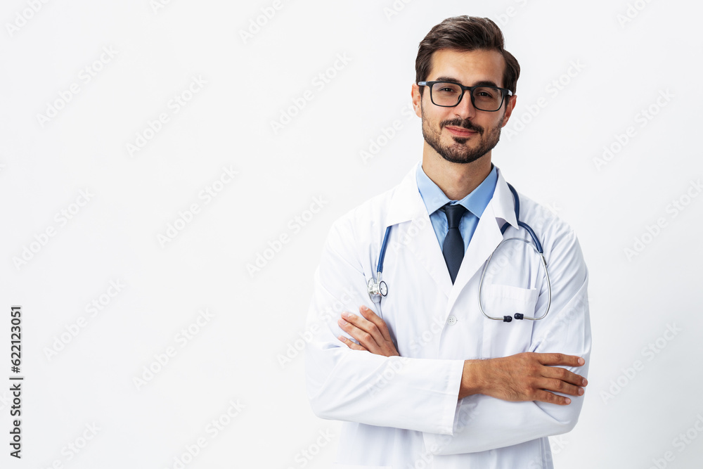 Man portrait of a doctor wearing a white coat and eyeglasses and a stethoscope looking into the camera on a white isolated background, copy space, space for text, health Man portrait of a doctor wearing a white coat and eyeglasses and a stethoscope looking into the camera on a white isolated background, copy space, space for text, health