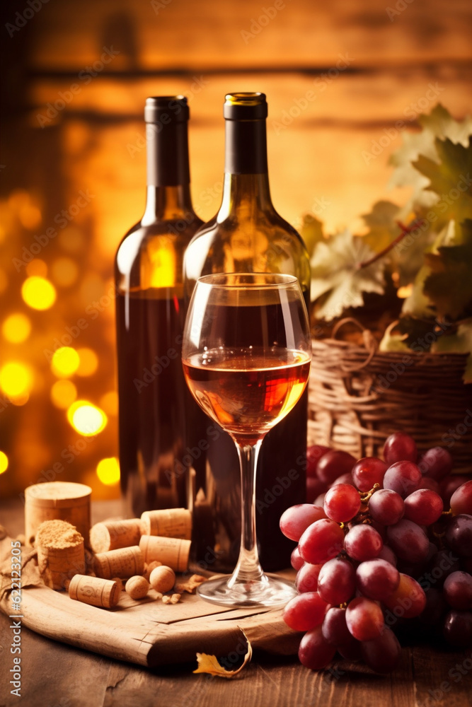 grape food background beverage glass winery drink alcohol wine cork bottle. Generative AI.