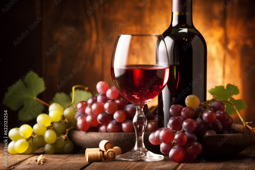 food vintage wine bottle grape background drink winery beverage glass alcohol. Generative AI.