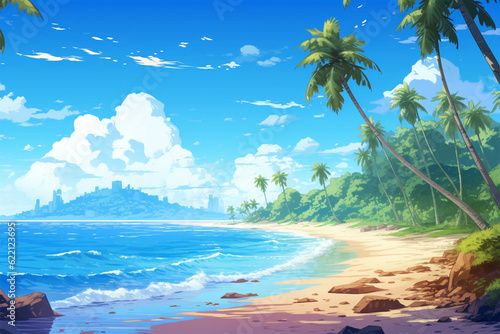 Generative AI. anime style background of a beautiful beach