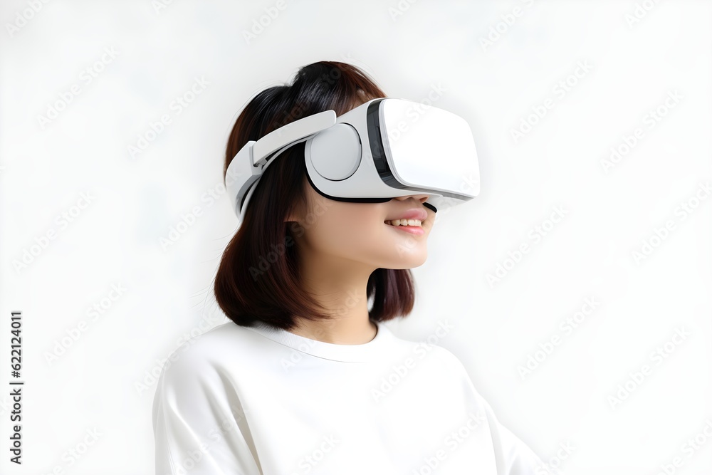VRゴーグルをつける女性 白背景 with generative ai VRゴーグルをつける女性 白背景 with generative ai