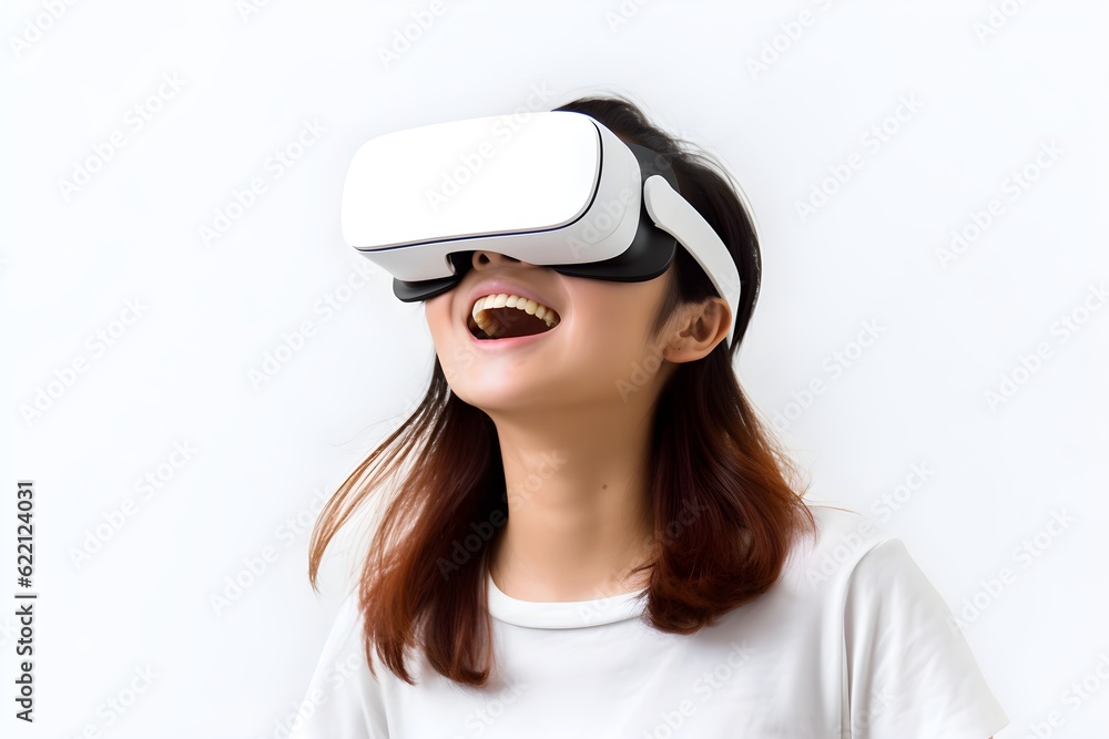 VRゴーグルをつける女性 白背景 with generative ai VRゴーグルをつける女性 白背景 with generative ai
