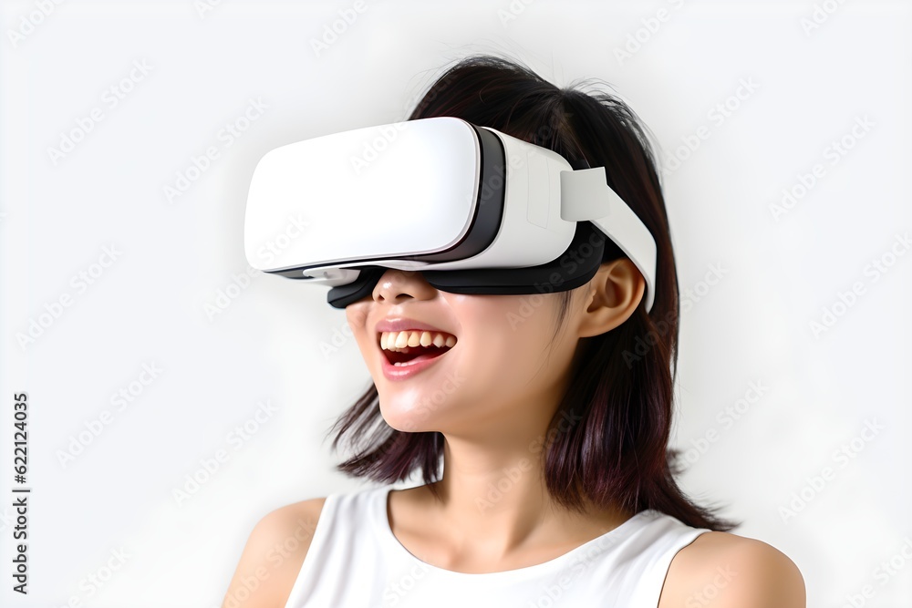 VRゴーグルをつける女性 白背景 with generative ai VRゴーグルをつける女性 白背景 with generative ai