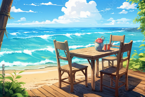 Generative AI. anime style background of a table on the beach