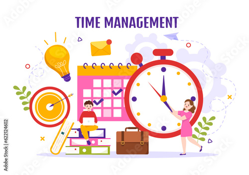 Time Management Vector Illustration with Clock Controls and Tasks Planning Training Activities Schedule in Flat Cartoon Hand Drawn Templates