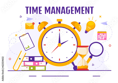 Time Management Vector Illustration with Clock Controls and Tasks Planning Training Activities Schedule in Flat Cartoon Hand Drawn Templates